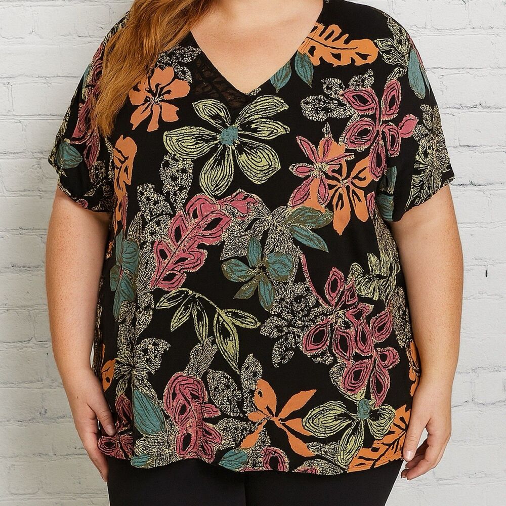 Vintage Y2K Blouse Womens Plus 1X  Multicolor Floral Tropical Slinky Boho Resort